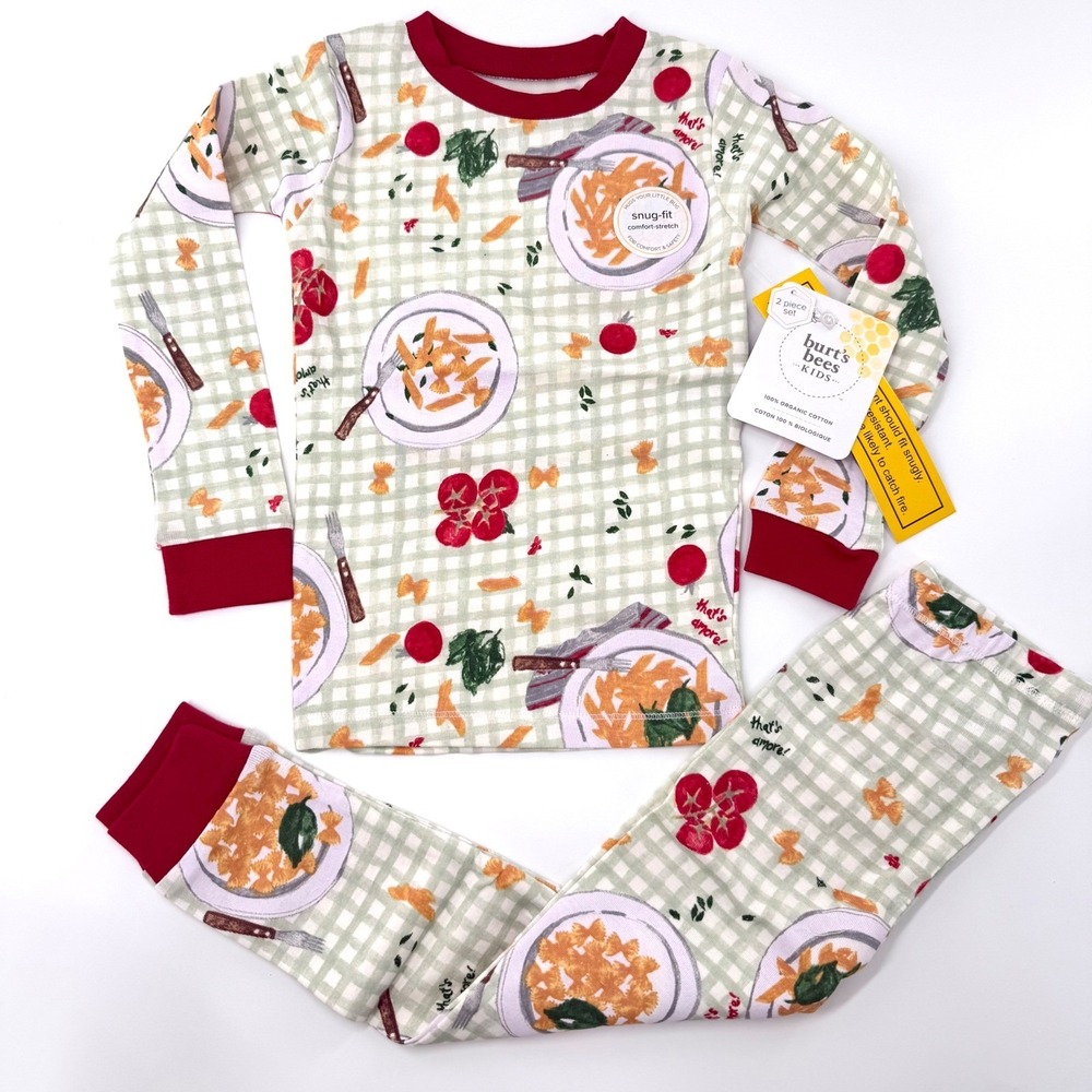 Burt's Bees Kids Pasta Gingham Organic Cotton Pajama Set 4T That's Amore NWT